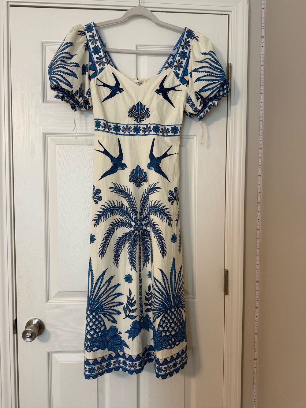 White Maxi Dress with Blue Botanical Embroidery